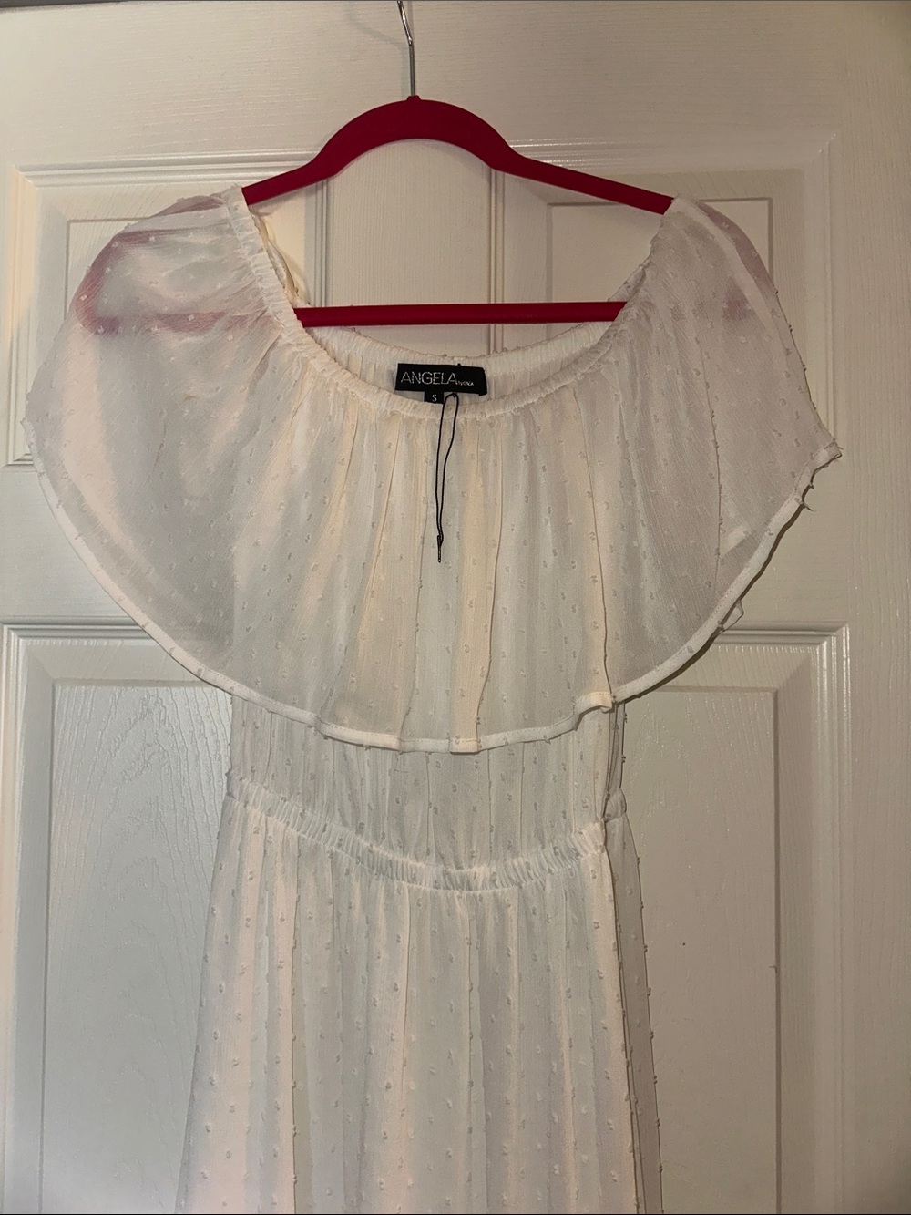 White Off-Shoulder Swiss Dot Maxi Dress